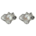 Silver Tone Ruffled Leaf And White Pearl Center Stud Earrings view 5