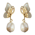 Gold Butterfly Shell Wing Freshwater Pearl Drop Earrings view 5