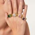 Gold Open Pave Ring Square Glass Stone Purple Pink Green Clear view 3