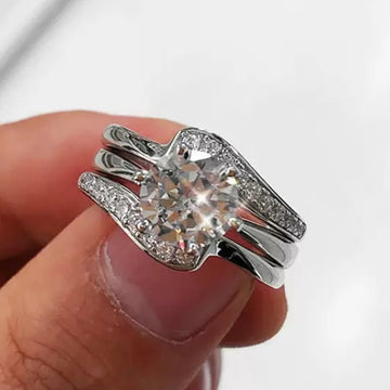 Round Crystal Interlocking Three Band Ring Set in Silver Tone