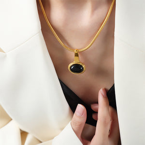 Snake Chain Oval Stone Pendant Necklace Gold Steel