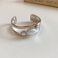Open Cuff Bracelet with Wavy Dual Band and Three Pearl Accents view 2