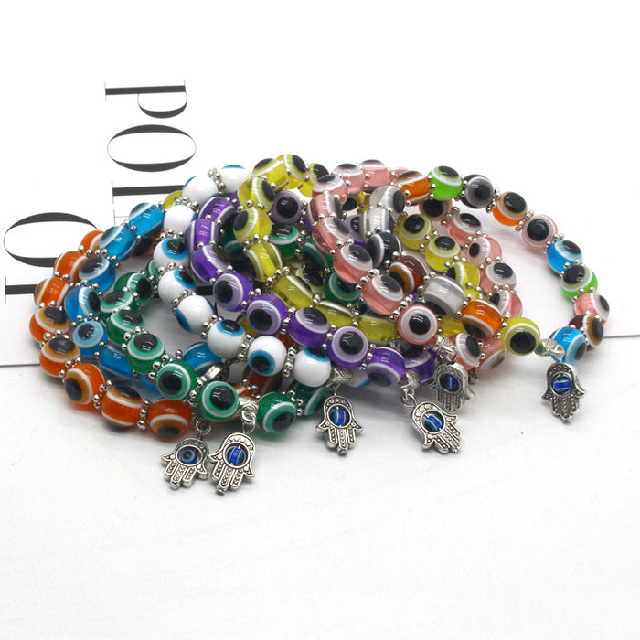 Colorful Evil Eye Bead Hamsa Charm Stretch Bracelets