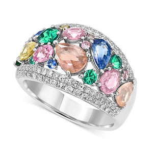 Silver-Tone Brass Wide Band Ring with Multicolor Cubic Zirconia