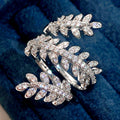 White Metal Wheat Leaf Open Adjustable Pave Zircon Ring view 2