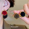 Velvet Square Stud Earrings in Black and Red with Metal Tone Details view 2