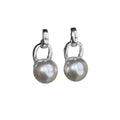 Large White Faux Pearl Drop Clip On Silver Tone Hoop Earrings view 5