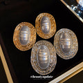Ribbed Oval Frame Pearl Statement Stud Earrings in Gold and Silver view 3