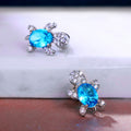 Silver Tone Aqua Blue Crystal Turtle Stud Earrings Pair view 1