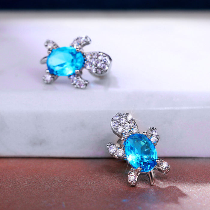 Silver Tone Aqua Blue Crystal Turtle Stud Earrings Pair