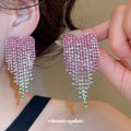 Pink Crystal Heart Fringe Stud Earrings with Polished Metal Tone Details view 1