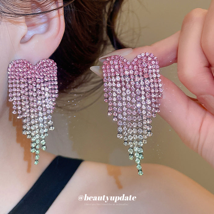 Pink Crystal Heart Fringe Stud Earrings with Polished Metal Tone Details