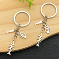 Antique Silver Cat and Fish Bone Metal Keychain Charm view 2