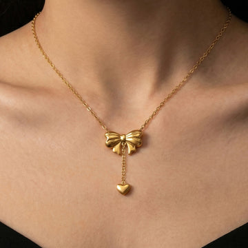 Bow Heart Drop Necklace And Bow Ball Drop Stud Earrings
