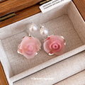 Pink Resin Rose Drop Earrings With White Pearl Stud Tops view 4