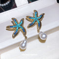Blue Starfish and White Pearl Drop Earrings with Metal Settings view 3