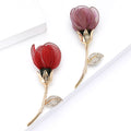Fabric Flower Bud Brooch Gold Stem Rhinestone Leaf Pin view 2