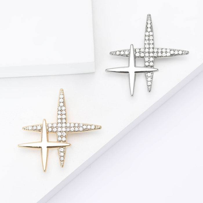 Double Starburst Crystal Brooch in Silver or Gold Tone
