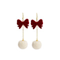 Burgundy Velvet Bow Gold Chain White Pom Pom Hook Earrings view 5