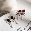 Red and Black Flocked Rose Bow Pearl Look Dangle Earrings view 3