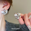 Silver Tone Pearl Cluster Stud Earrings with Crystal Accents view 1