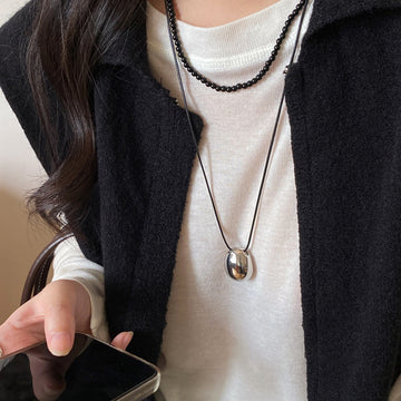 Black Cord Polished Silver Oval Drop Pendant Necklace