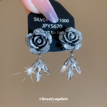 Blue Gray Rose Drop Earrings With Clear Crystal Petals