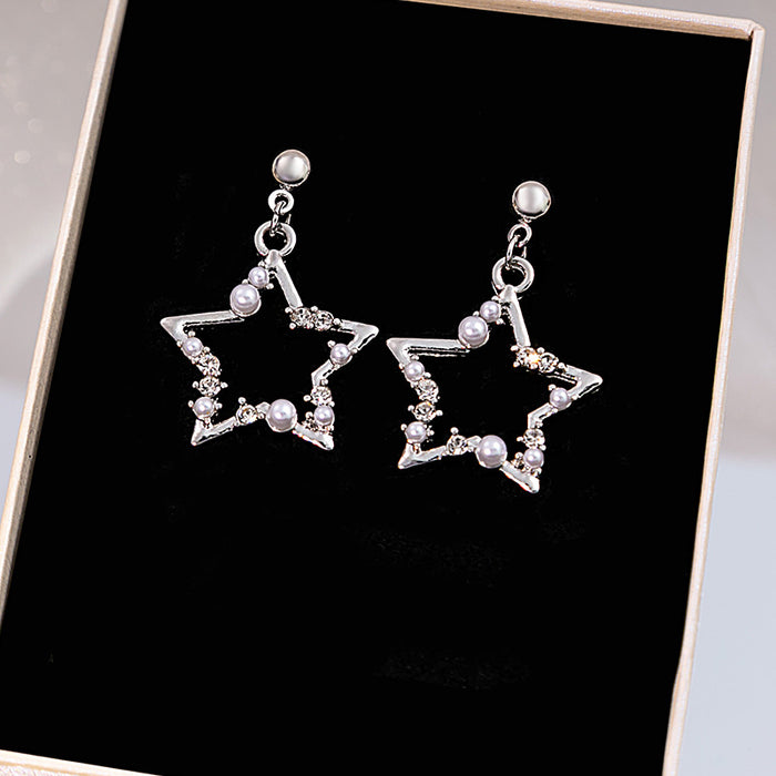 Silver Open Star and Pearl Look Round Stud Earrings