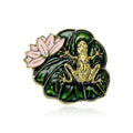 Gold Tone Frog on Green Lily Pads and Pink Lotus Brooch view 1