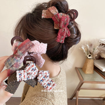 Tweed Fabric Bow Claw Hair Clips Pink Coffee Red Styles