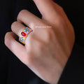 Gold Wide Band Ring Red Oval Cabochon Blue Enamel Flowers view 2
