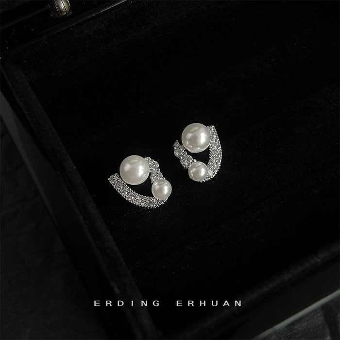 Geometric Dual Pearl Pave Curve Silver Stud Earrings