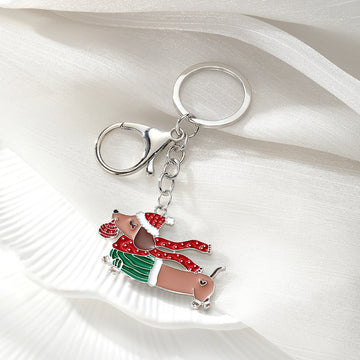 Silver Tone Christmas Dachshund Split-Ring Keychain with Lobster Clasp