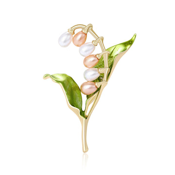 Lily of the Valley Pearl Brooch Green Enamel Leaves