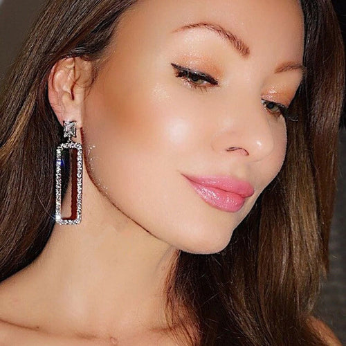Rectangular Pavé Frame Long Drop Earrings in Silver Tone shown in product close-up