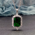 Silver Tone Green Rectangular Halo Pendant Necklace view 3