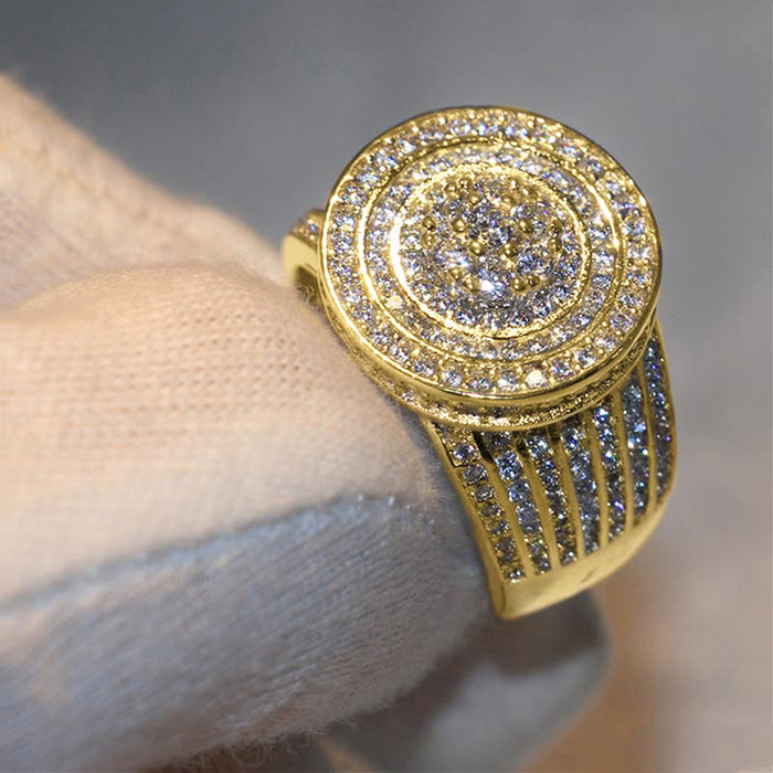 Gold Tone Round Pave Cocktail Ring Concentric Clear CZ