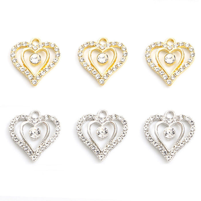 Crystal-Accented Gold Silver Heart Alloy Charms in 2 Styles