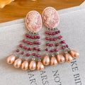 Pink Cameo Red Beaded Fringe and Pearl Statement Earrings view 6