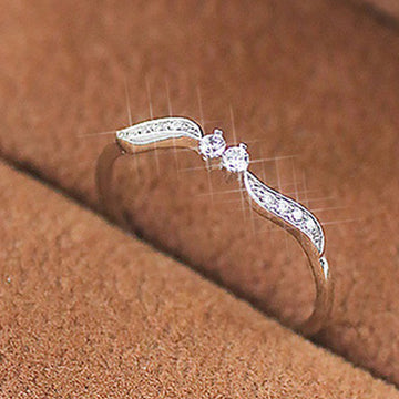 Silver Tone Wavy Leaf Clear Stone Delicate Band Ring