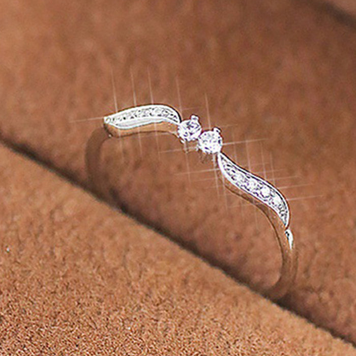 Silver Tone Wavy Leaf Clear Stone Delicate Band Ring