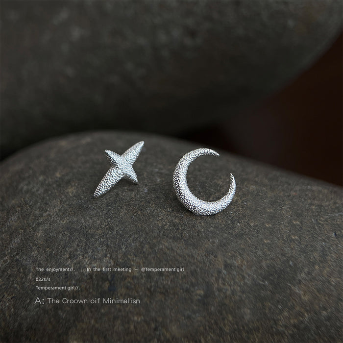 Silver Textured Asymmetric Moon and Four Point Star Studs