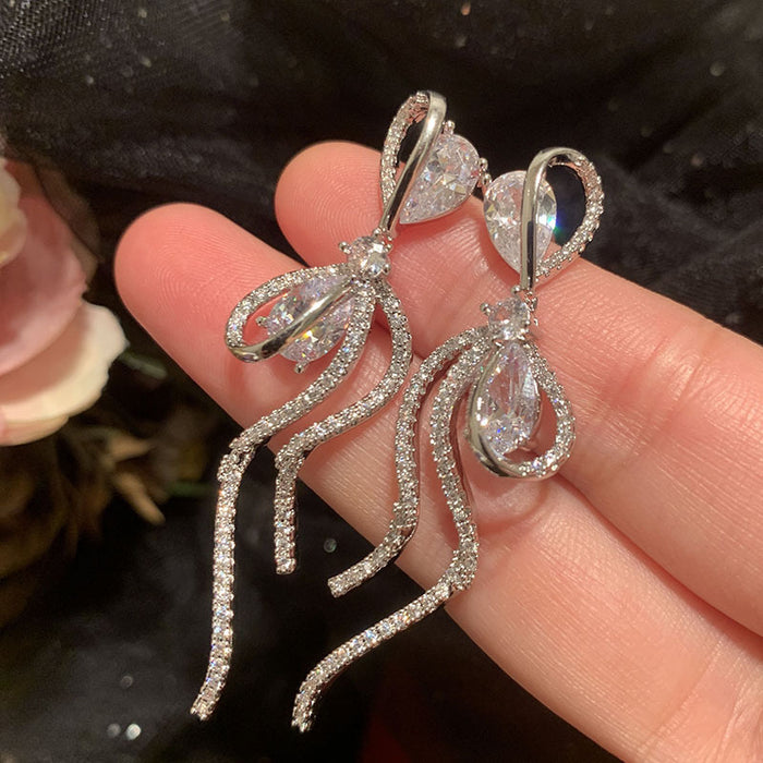 Crystal Bow Knot Long Tassel Stud Earrings Statement Jewelry Pair