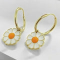 Gold Enamel White Daisy Charm Huggie Hoop Earrings view 2