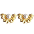 Mini Gold Daisy Stud Earrings With White Pearl Center view 5