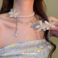 White Pearl Beaded Orchid Flower Necklace Drop Earrings view 1