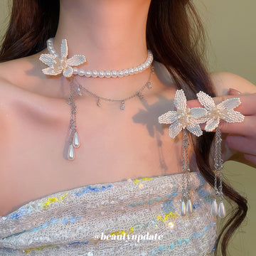 White Pearl Beaded Orchid Flower Necklace Drop Earrings