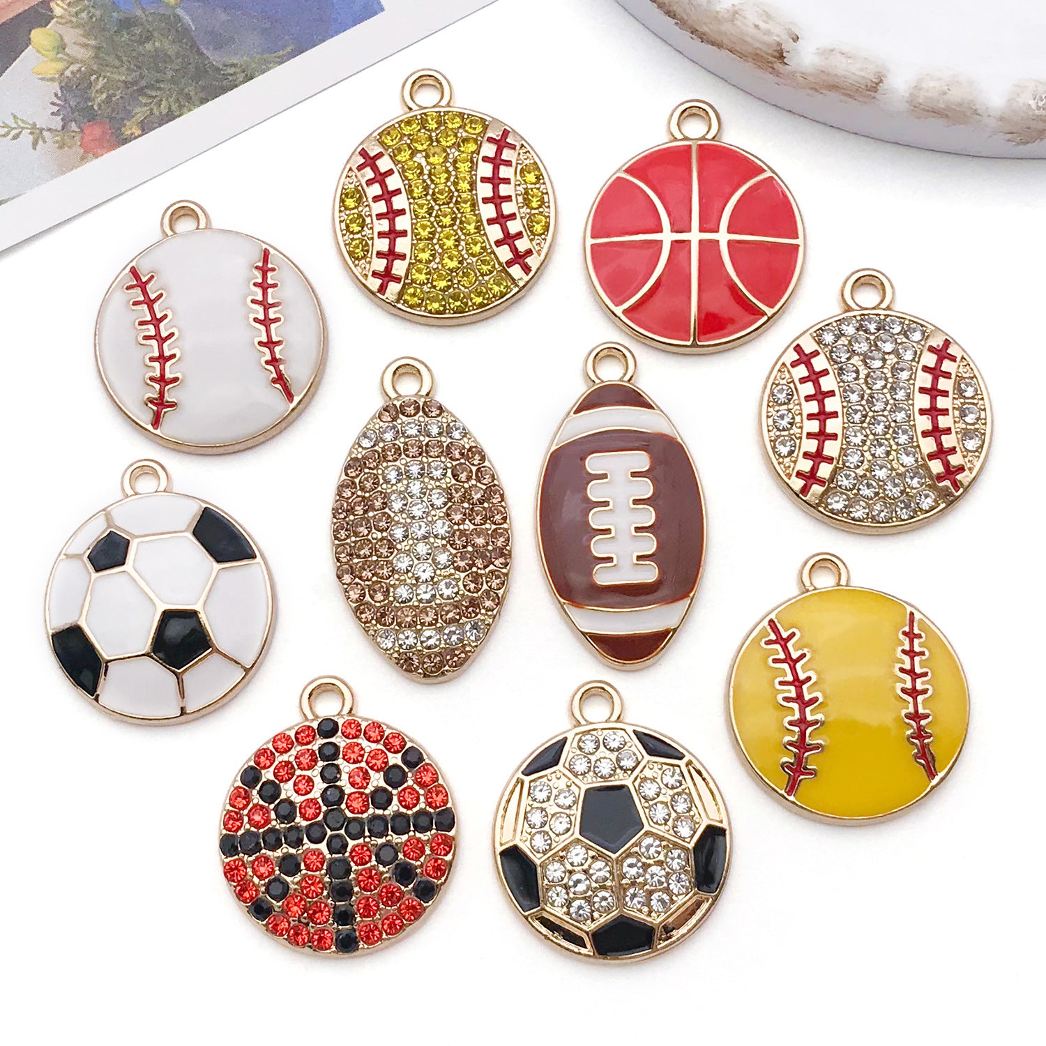 Rhinestone Enamel Zinc Alloy Basketball Charm Pendant for DIY Necklace Keychain Jewelry