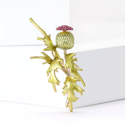 Green Leaf Thistle Flower Brooch isolated front view