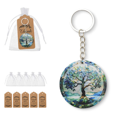 Tree design keychain shown beside a white drawstring bag and brown thank-you tags.